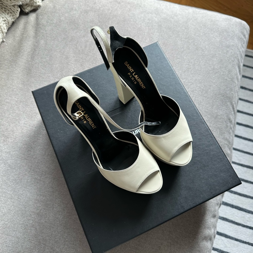 SAINT LAURENT 2022 PLATFORM OPEN TOE HEELS- PEARL